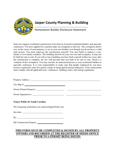 Homeowner Builder Disclosure Statement, Jasper County form, first page