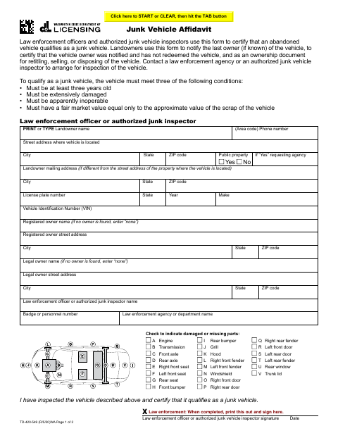 Junk Vehicle Affidavit, Island County form, first page