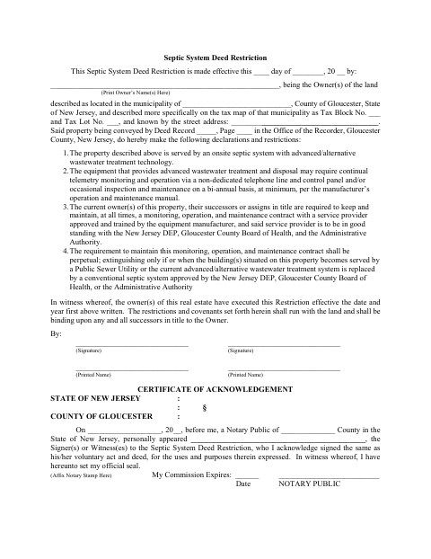 Septic System Deed Restriction, Gloucester County form, first page