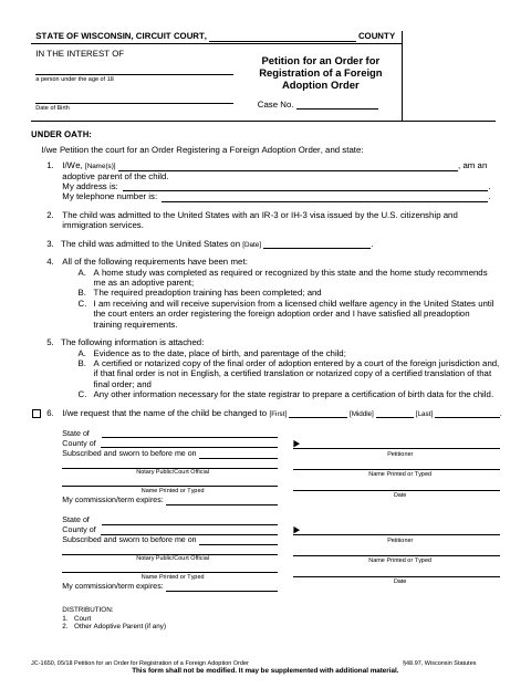Petition for Registration of a Foreign Adoption Order, Crawford County form, first page