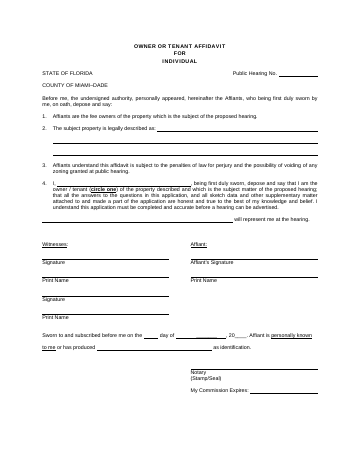 First page of the Owner or Tenant Affidavit for Public Hearing