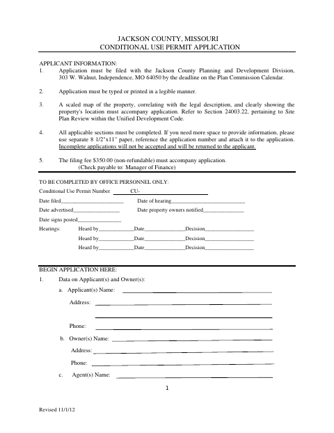 Conditional Use Permit Application, Jackson County form, first page