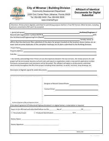 First page of the Affidavit of Identical Documents for Digital Submittal