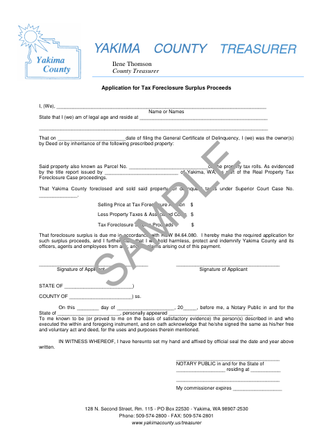 Application for Tax Foreclosure Surplus Proceeds, Yakima County form, first page