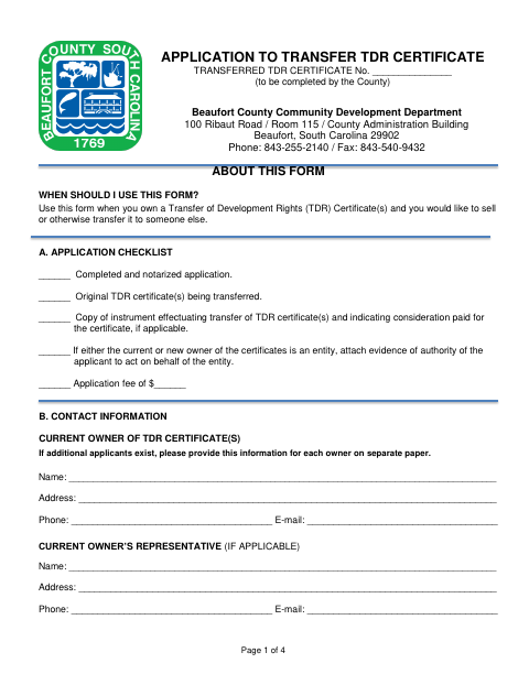 Application to Transfer TDR Certificate, Beaufort County form, first page