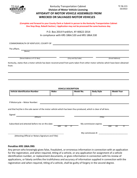 Affidavit Of Motor Vehicle Assembled From Wrecked Or Salvaged Motor Vehicles, Marshall County form, first page