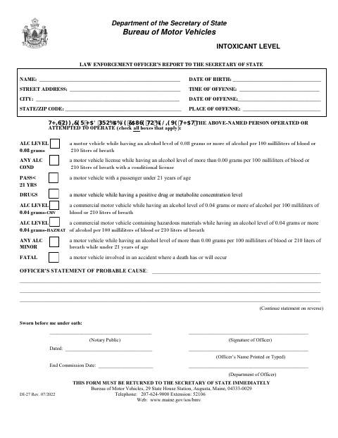DI-27 Intoxicant Level Law Enforcement Officer’s Report first page