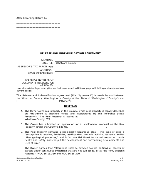 Release and Indemnification Agreement, Whatcom County form, first page