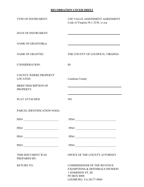 Use Value Assessment Agreement, Loudoun County form, first page