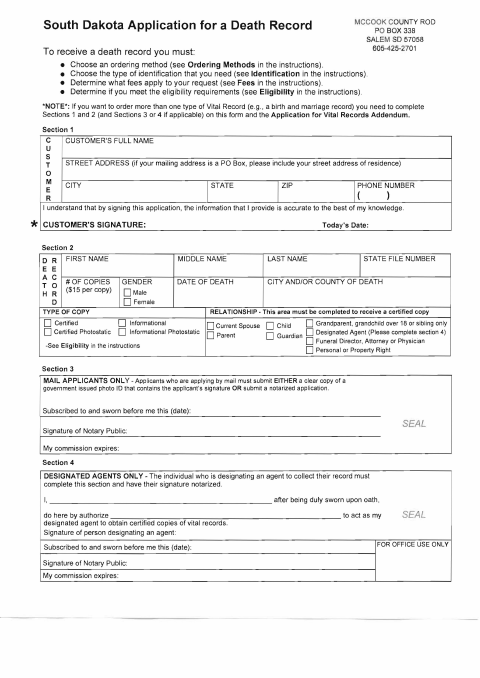 Application for a Death Record, McCook County form, first page