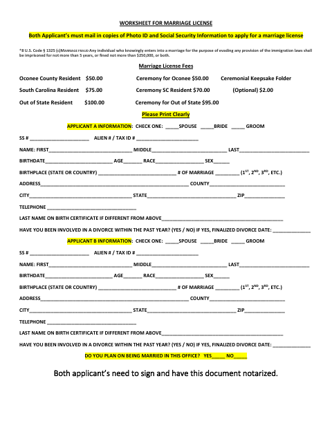 Worksheet for Marriage License, Oconee County form, first page