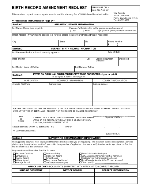 Birth Record Amendment Request first page