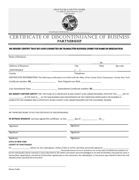 Certificate of Discontinuance of Business for Partnership, Chautauqua County form, first page