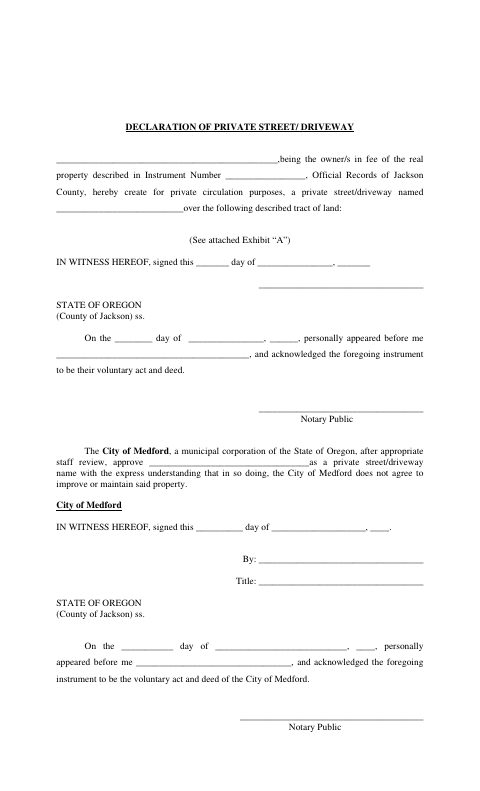 First page of the Declaration of Private Street/Driveway