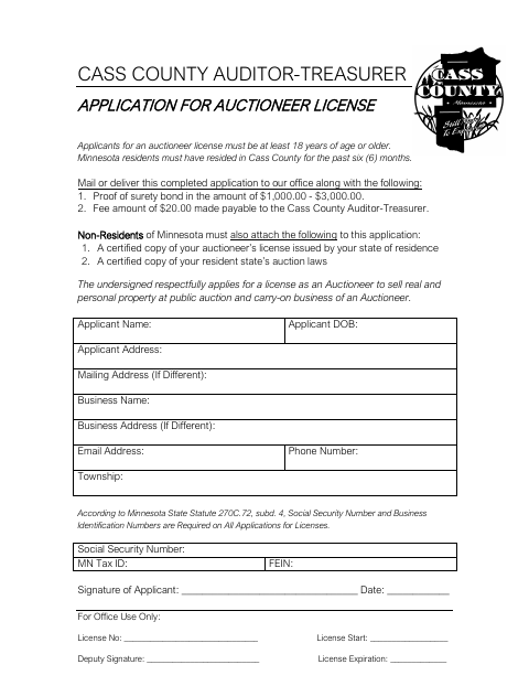 Application For Auctioneer License, Cass County form, first page