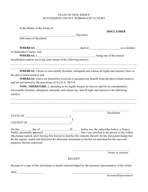 Disclaimer, Hunterdon County form, first page