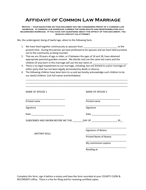Affidavit of Common Law Marriage, Beaverhead County form, first page