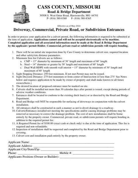 Driveway and Road Entrance Permit Application, Cass County form, first page