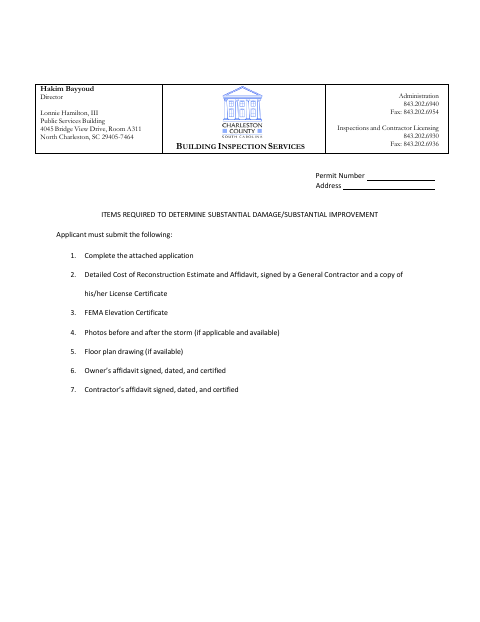 Substantial Damage or Substantial Improvement Application, Charleston County form, first page