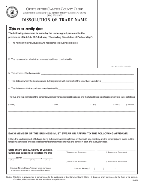 Dissolution of Trade Name, Camden County form, first page