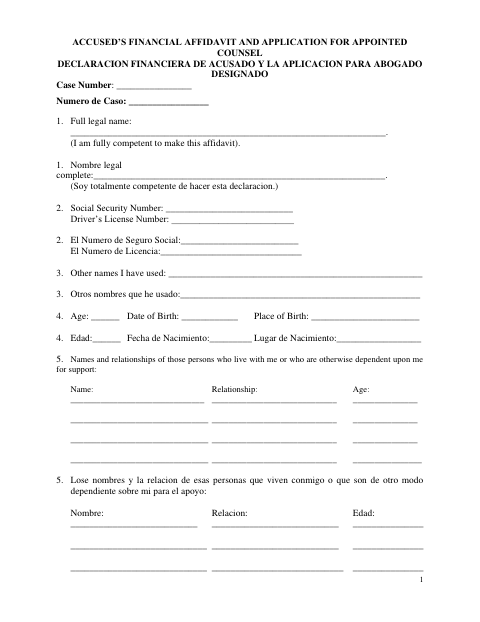 Accused’s Financial Affidavit and Application for Appointed Counsel, Freestone County form, first page