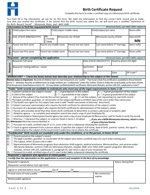 Birth Certificate Request, Hennepin County form, first page