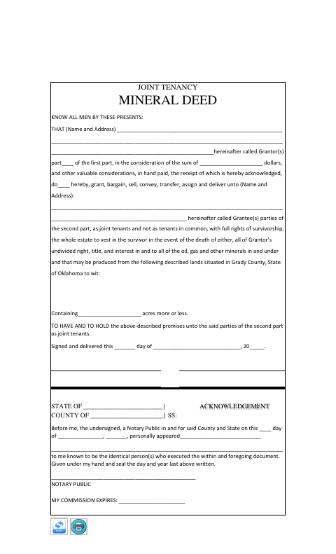 Joint Tenancy Mineral Deed, Grady County form, first page