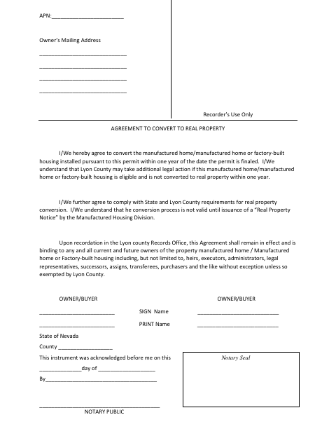 Agreement to Convert to Real Property, Lyon County form, first page