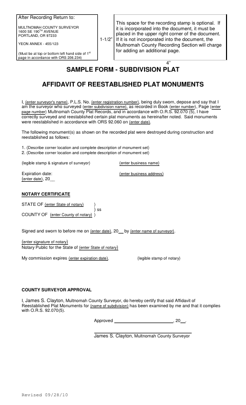 Affidavit of Reestablished Plat Monuments for Subdivision Plats, Multnomah County form, first page