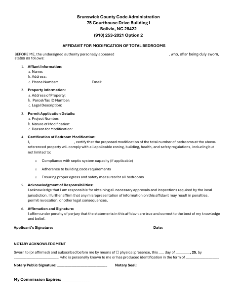 Affidavit for Modification of Total Bedrooms, Brunswick County form, first page