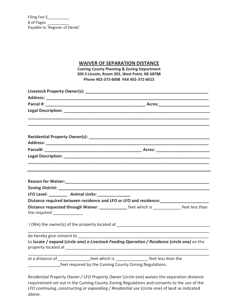 Waiver of Separation Distance, Cuming County form, first page