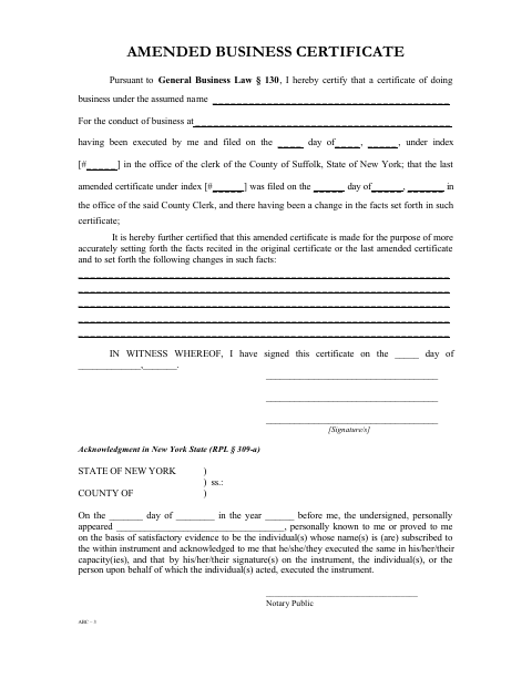 Amended Business Certificate, Suffolk County form, first page
