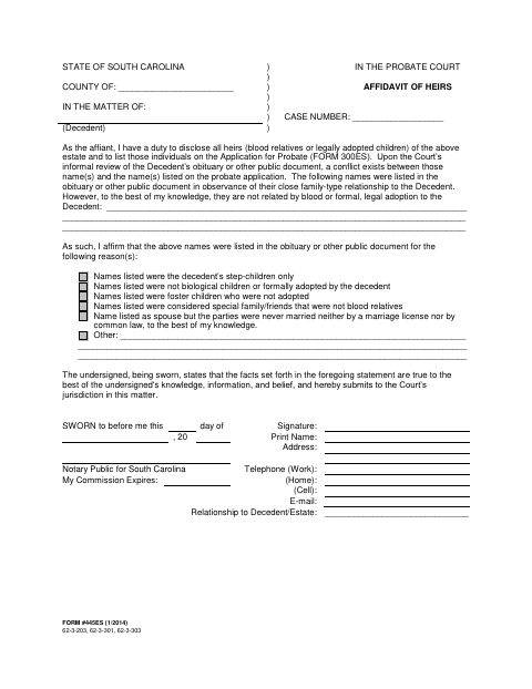 Affidavit of Heirs, Orangeburg County form, first page