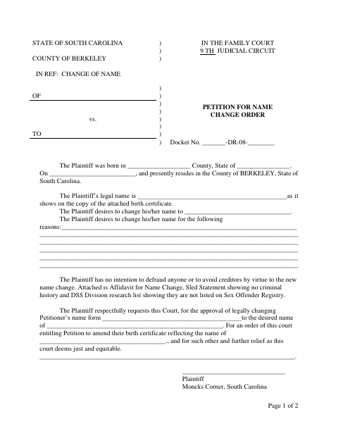 Petition for Name Change, Berkeley County form, first page