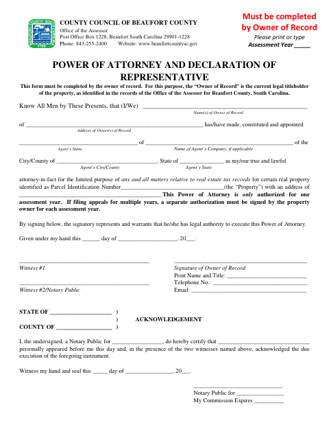 Power of Attorney and Declaration of Representative, Beaufort County form, first page