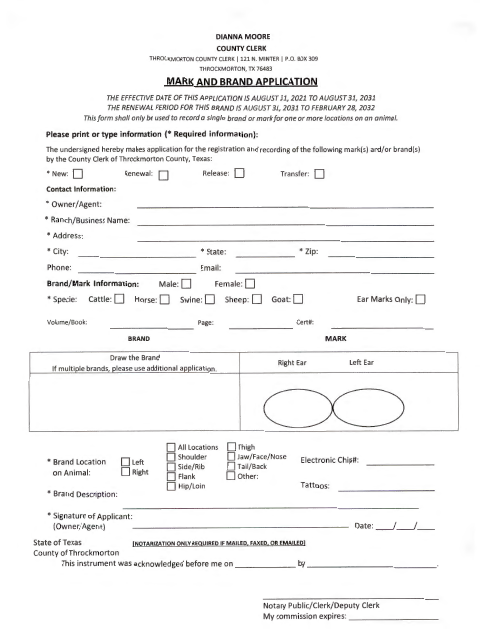 Mark and Brand Application, Throckmorton County form, first page