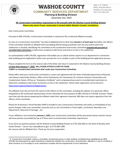 Construction Committee Annual Affidavit, Washoe County form, first page