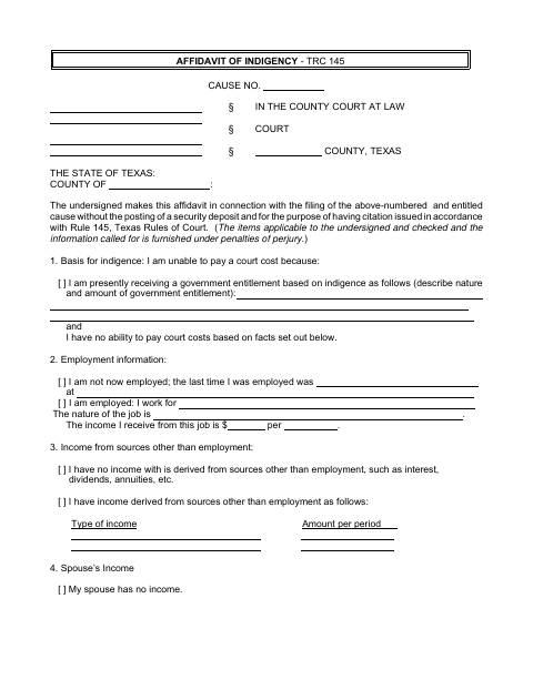 Affidavit of Indigency, Val Verde County form, first page