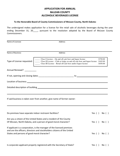 Application for Annual Alcoholic Beverages License, McLean County form, first page