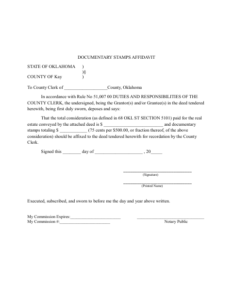 Documentary Stamps Affidavit, Kay County form, first page