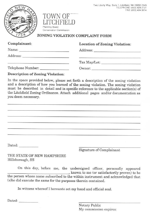 First page of the Zoning Violation Complaint Form