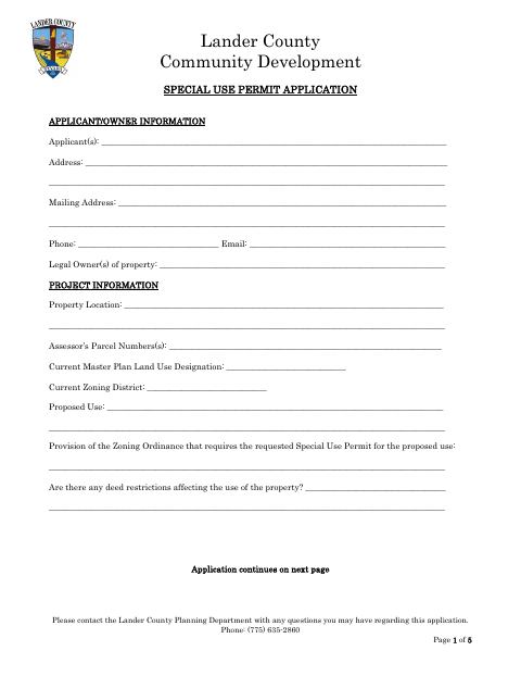 Special Use Permit Application, Lander County form, first page