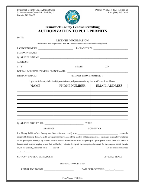 Authorization to Pull Permits, Brunswick County form, first page