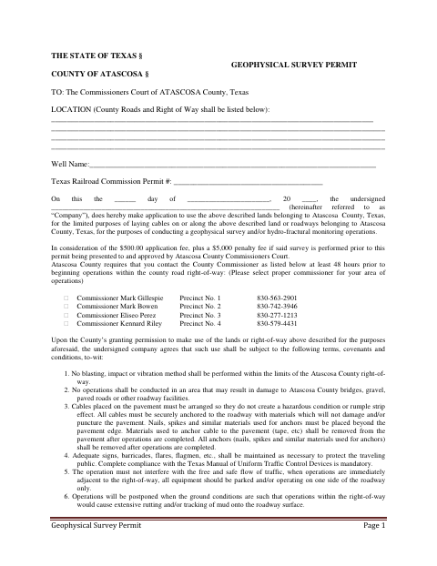 Geophysical Survey Permit, Atascosa County form, first page
