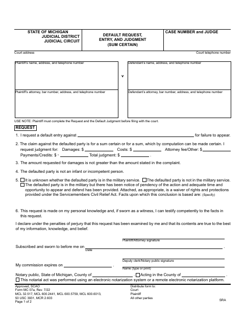 Default Request, Entry, and Judgment (Sum Certain), Oakland County form, first page