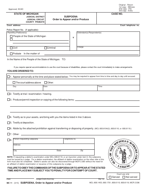 Subpoena Order to Appear and/or Produce, Shiawassee County form, first page