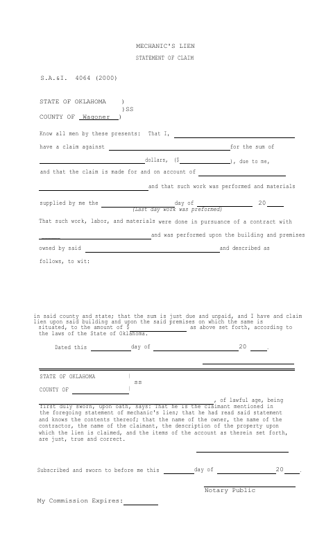 Mechanic's Lien Statement of Claim, Wagoner County form, first page