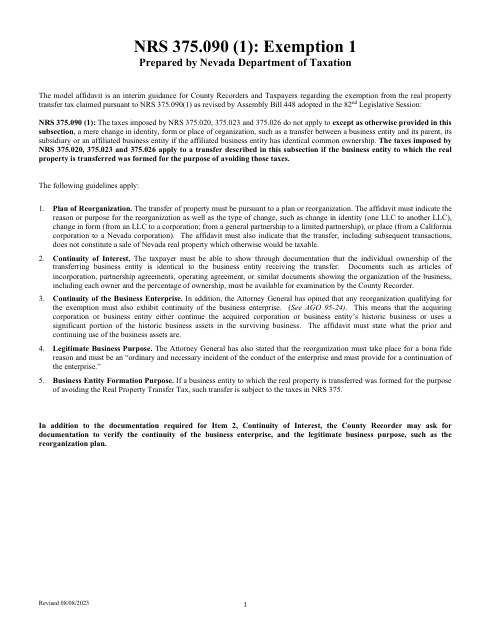 Real Property Transfer Tax Exemption 1 Affidavit, Storey County form, first page