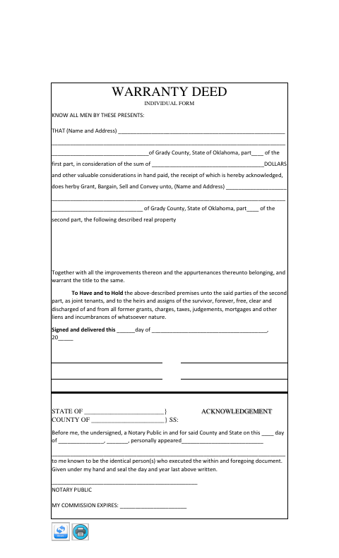 Warranty Deed Individual, Grady County form, first page