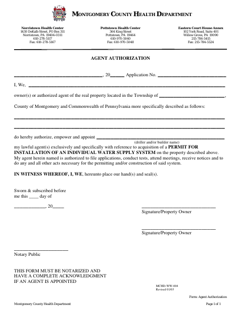 Agent Authorization, Montgomery County form, first page